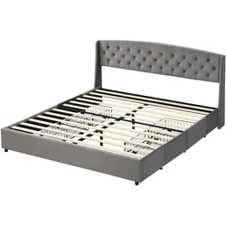 Merax Polsterbett, Doppelbett Holzbett mit 4 Schubladen Samt 180x200cm, grau