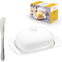 Wilmax Butterdose mit Silbermesser – Weiße Porzellan-Butterschale –