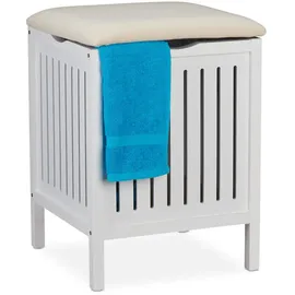 Relaxdays Wäschekorb mit Sitz, Landhausstil, 40 l Wäschesammler, Holz & Stoff, Badhocker HxBxT: 55 x 41 x 41 cm, weiß