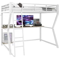 HAUSS SPOLE Hochbett 90x200cm mit Ambientelicht, Schreibtisch, Steckdose+USB, Weiß (Hochbett 90x200 cm mit Fernbedienbarem Ambientelicht, Computerkonsolenablage & Schreibtisch, Steckdosen + USB) ohne Matratze