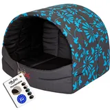 millybo Hundehütte Hundehöhle Hundebett Hundehaus S-XL (R1 (45 x 33 cm), grau mit Muster (Blaue Blumen))