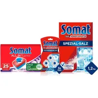 Somat All in 1 Extra Spülmaschinen Tabs (54 Tabs), strahlende Sauberkeit & Somat Maschinenreiniger Tabs Anti-Kalk (3 WL) & Somat Spezial Salz 1,2Kg