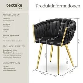 Tectake tectake® Set Esszimmerstuhl, Astano Samt Knotendesign, schlanke Stahlbeine, 60,5 x 55 x 75 cm