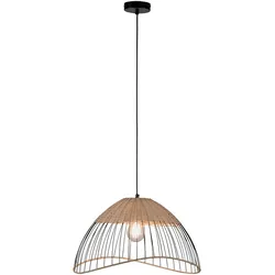Hängeleuchte Metallkäfig schwarz Esszimmerleuchte Rattan Pendelleuchte Holz Geflecht, E27 Fassung, DxH 48x120 cm