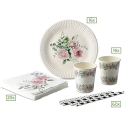 ECOFIESTA 112-teilig Einweggeschirr-Set mit floralen Motiven - Umweltfreundliches Partygeschirr für JGA, Bride to Be & Geburtstagsfeiern