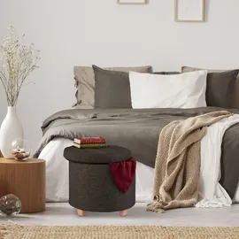 Relaxdays Sitzhocker mit Stauraum, gepolsterter Hocker rund, für Wohnzimmer, Leinen-Optik, H x D: 41 x 44 cm, dunkelgrau