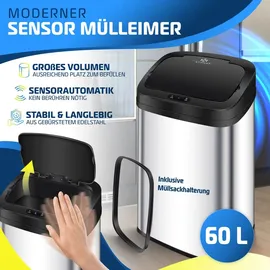 Kesser KESSER® Sensor Mülleimer Küche Automatik mit Bewegungssensor Abfalleimer | Soft-Close-Deckel Müllbehälter mit Touch-Bedienfeld & Sensor LCD-Display Edelstahl inkl. Müllsackhalter