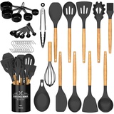 Umite Chef Küche Kochutensilien Set, 24pcs Antihaft Silikon Spatel Set mit Halter, Holzgriff Hitzebeständige Küchenhelfer (Schwarz)