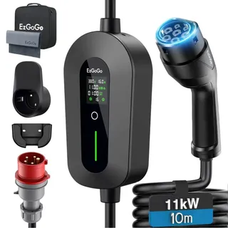 EzGoGo Mobile Wallbox 11kW Ladegerät Typ 2 (3-phasig) mit 10m Ladekabel CEE 16A auf Typ 2 | EV Ladestation mit Einstellbarer Stromstärke [6/8/10/13/16A] | Hochwertiger IP65 Schutz | Für EVs & PHEVs
