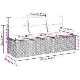 vidaXL Gartensofa mit Kissen 3-Sitzer Grau Poly Rattan