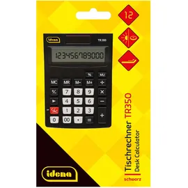 IDENA 11095 - Tischrechner TR350 in Schwarz, Taschenrechner solarbetrieben inkl. Batterie, Bürorechner in Schwarz mit 12-stelligem, angewinkeltem Display, ca. 14,4 x 10,3 x 2 cm