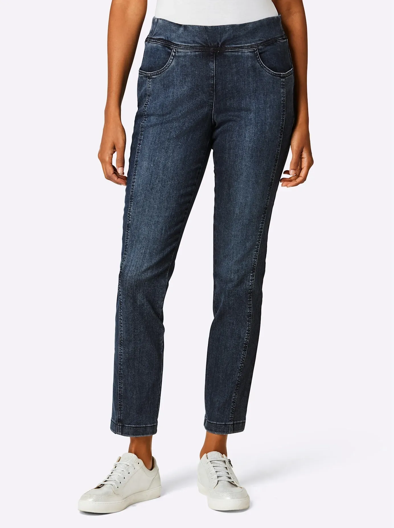 Schlupfjeans ASCARI, Damen, Gr. 25, Kurzgrößen, blau (blau, schwarz), 50% Baumwolle, 40% Lyocell, 7% Elastomultiester, 3% Elasthan, unifarben, lang, Jeans Schlupfjeans