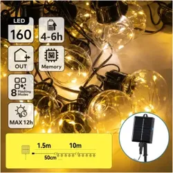 Aigostar Lichterkette/Solar/G50 Kupferdraht Lichter/1.5M+10M/160LED/50CM Abstand/8 Funktionen/IP65