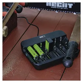 EMOS Akku-Ladegerät NiMH, NiCd für 6 Akkus, Schnell-Ladegerät 500 mA, für 1-6x AAA, AA, C, D, 9 V aufladbare Batterien, inkl. USB-C Kabel, Akkuschutz, Sicherheitsfunktionen