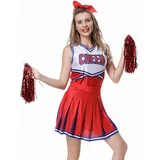 GRAJTCIN Damen Cheerleader Kostüm 3 Teilig High School Cheerleading Outfit für Halloween - Rot - Medium - M