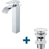 Auralum Waschtischarmatur Hoch Wasserfall Wasserhahn + Ablaufgarnitur mit Überlauf, Wasserhahn Bad mit Pop Up, Chrom