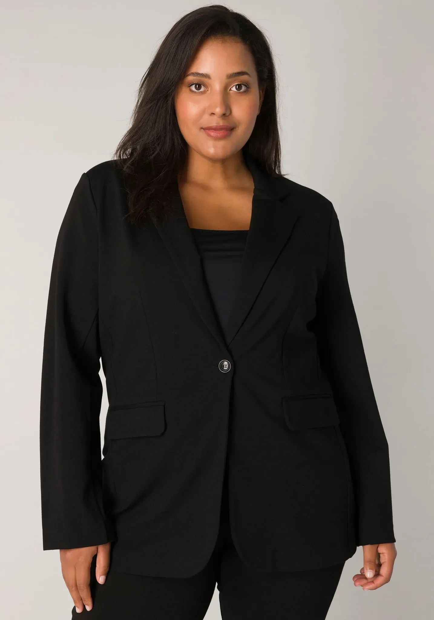 Jerseyblazer BASE LEVEL CURVY, Damen, Gr. 54 (56), schwarz, Web, Obermaterial: 65% Viskose, 30% Nylon, 5% Elasthan, unifarben, regular fit hüftbedeckend, tiefer V-Ausschnitt, Blazer, mit Taschenklappen