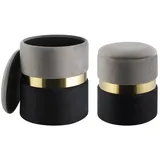 EGLO living 2er Set Hocker mit Stauraum Mashike, elegante Sitzhocker, runde Couch Beistellhocker, Pouf aus Samt in Grau-Schwarz und Metall in Gold,