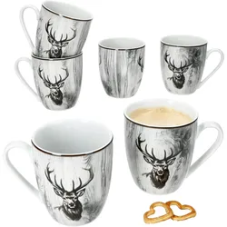 6er Set Alois Kaffeebecher 350ml Porzellan-Tassen 6 Personen Hirsch Tee Kakao
