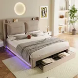 MODFU Boxspringbett Hydraulisches 160 x 200 cm mit Kopfteil und LED-Lichtleisten, Polsterbett Funktionelles mit 2-in-1 Schubladen, Doppelbett Staur... - Beige