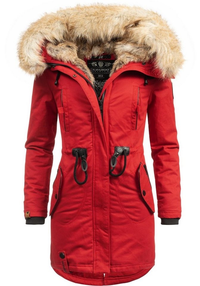 Navahoo Wintermantel Bombii stylischer Damen Winterparka mit Kunstfell-Kapuze rot M (38)