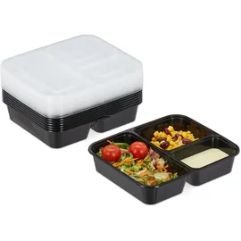Relaxdays Meal Prep Boxen, 10er Set, 3 Fächer, 1000 ml, mikrowellengeeignet, Kunststoff Essensbox mit Deckel, schwarz,
