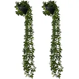 Relaxdays künstliche Hängepflanzen im 2er Set, hängende Kunstpflanzen im Topf, Kunsteukalyptus wie echt, grün/schwarz