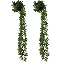 Relaxdays künstliche Hängepflanzen im 2er Set, hängende Kunstpflanzen im Topf, Kunsteukalyptus wie echt, grün/schwarz