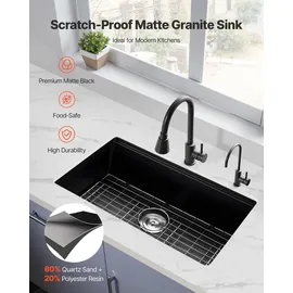 Vevor Küchenspüle Granitspülen (762 x 457 x 230 mm) zur Aufputzmontage, Einbauspüle im Landhausstil mit Zubehörteilen, Haushaltsspülbecken für Wohnmobile, Vorbereitungsküchen, Bars, schwarz