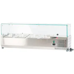 Romux® Kühlvitrinen für Tapas 120x39x44 cm aus Edelstahl und Glashaube mit 4 Becken GN 1/3 | Gekühlte Vitrine mit digitalem Dixell-Thermostat