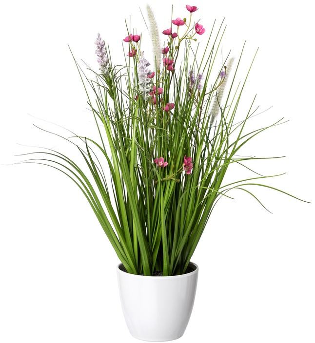 Kunstpflanze Blüten-Gras-Mix Im Topf, 46 Cm (Farbe: Rosa)