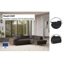 Cotta Ecksofa "Chef L-Form", grau, B:257cm H:72cm T:206cm, Luxus-Microfaser (100% Polyester);Kunstleder Softlux;Leder Advantage (abgedecktes Spalt-Rindsleder), Rückseite mit schwarzem Spannstoff bezogen;NaturLEDER (echtes Rindsleder), Rückseite mit schwarzem 