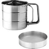 HTRTRR Mehlsieb Edelstahl mit Griff – Einhand Mehl Streuer & Puderzuckersieb, Feinsieb für Backen, Ø15cm, 250g Kapazität – 9,2cm x 10cm, Inklusive Sieb-Boden (Ø15cm)