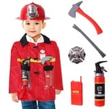 TE-Trend Kinder Feuerwehr-Kostüm – Feuerwehrjacke mit Zubehör – 8-teiliges Feuerwehr Verkleidung Set – Kinder Feuerwehr-Uniform