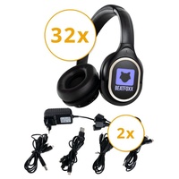 Beatfoxx SDH-340 Silent Disco V2 Set mit 32 Kopfhörern & 2 Ladegeräte Funk-Kopfhörer (Wireless Stereo Kopfhörer für Silent Disco-Anwendungen, UHF-Technik, 3 empfangbare Kanäle) schwarz