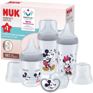 NUK Perfect Match Babyflaschenset | Ab 0 Monate | Passt sich dem Baby an | 3 Anti-Colic-Babyflaschen und Space-Schnuller | BPA-frei | Disneys Micky Maus | 4 Stück