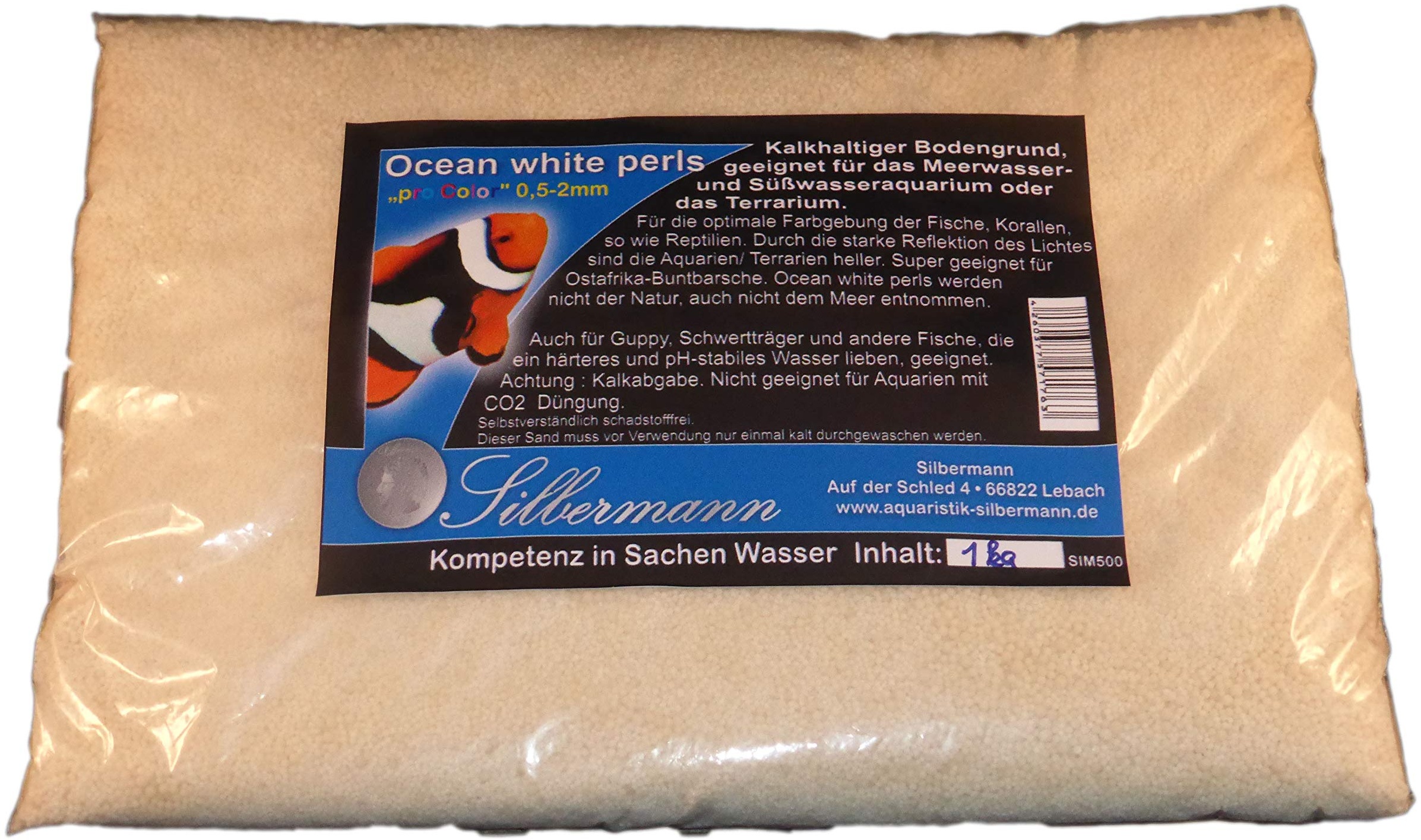 Silbermann Ocean White Perls, weißer kalkhaltiger Bodengrund für Meerwasser und Süßwasser Aquarium und Terrarium, Aquarienkies, Aquariensand 0,5-2 mm Körnung, 5 kg