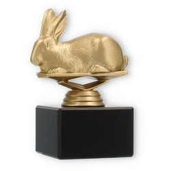 Pokal Kunststofffigur Hase goldmetallic auf schwarzem Marmorsockel 12,2cm