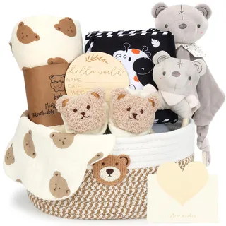 Neugeborenen Geschenk, Baby Geschenkset für Jungen/Mädchen, Sensorisches Buch, Babydecke, Wickelsocken, Rassel, Lätzchen, Meilensteinkarten, Baby Geburt Geschenk, Babyparty