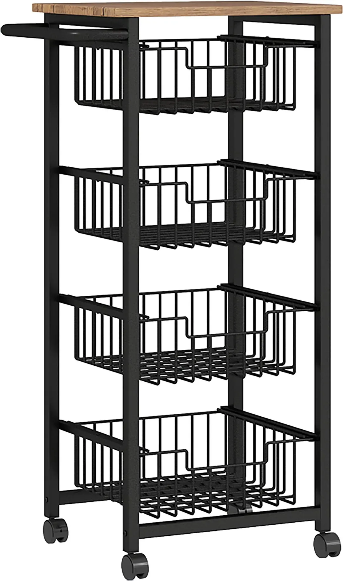 HOMCOM Küchenwagen Servierwagen mit Arbeitsplatte, 4 ausziehbaren Stahlkörben, Rollwagen für Büro, 49,5 x 31 x 91 cm, Eiche   Aosom