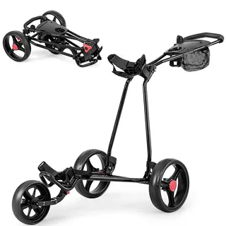 Goplus Golf Trolley, Golfwagen klappbar mit 3 Rad & Handgriff, Golf Cart leicht mit Hinterradbremse, Golf Caddy inkl.Trinkflaschenhalter, Schirmhalter & Netztasche, Schwarz