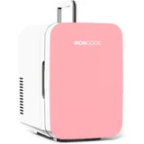 MONCOOK Mini-Kühlschrank für Schlafzimmer – Klein, tragbar und leise – Glastür-Mini-Kühlschrank für Hautpflege – Kühl- und Wärmefunktion – Perfekt für Zuhause oder Reisen - 6L Rosa