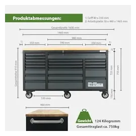 Baumarktplus Werkstattwagen Deluxe XXL Anthrazit unbestückt 160 x 91 cm 20 Schubladen Werkbank Sideboard