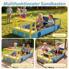 Fantask Holzsandkasten Feuerwehrauto mit Lenkrad und Sitzbank Blau/Gelb