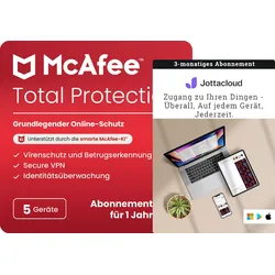 McAfee Total Protection 2024 - 1 Jahr - 5 PC | Mit VPN + Jottacloud unbegrenzte Cloud-Backups