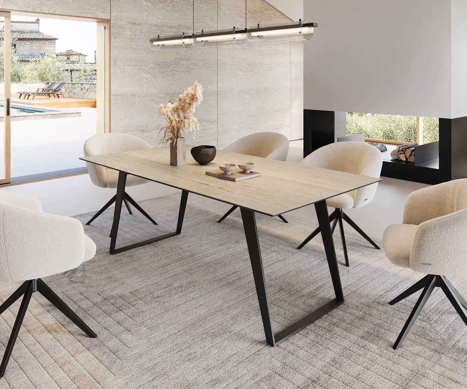 DELIFE Table à manger Edge 200x100 céramique Travertin nature métal incliné noir, Tables de salle à manger