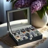Uhrenbox mit 10 Fächern, Uhrenkasten, Glasdeckel