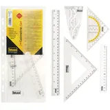 IDENA Geometrie-Set 6-teilig mit 2 Linealen, Zeichendreieck, Parabel, Geo-Dreieck und abheftbarer Aufbewahrungsmappe Transparent