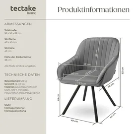 Tectake tectake® Drehbarer Armlehnstuhl Snug Samtoptik, gepolstert, in 360° drehbar, schlanke Stahlbeine, 58 x 58 x 82 cm