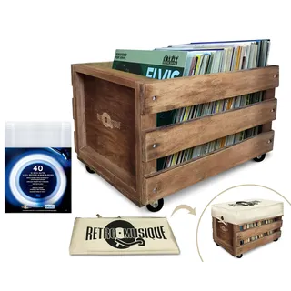 Retro Musique Wooden 12" LP Vinyl Record Aufbewahrungskiste auf Rädern Fasst bis zu 100 Alben (In PVC Sleeves) mit Hessian Cloth Cover beinhaltet 50 Vinyl Record Outer Sleeves(Eiche Finish)